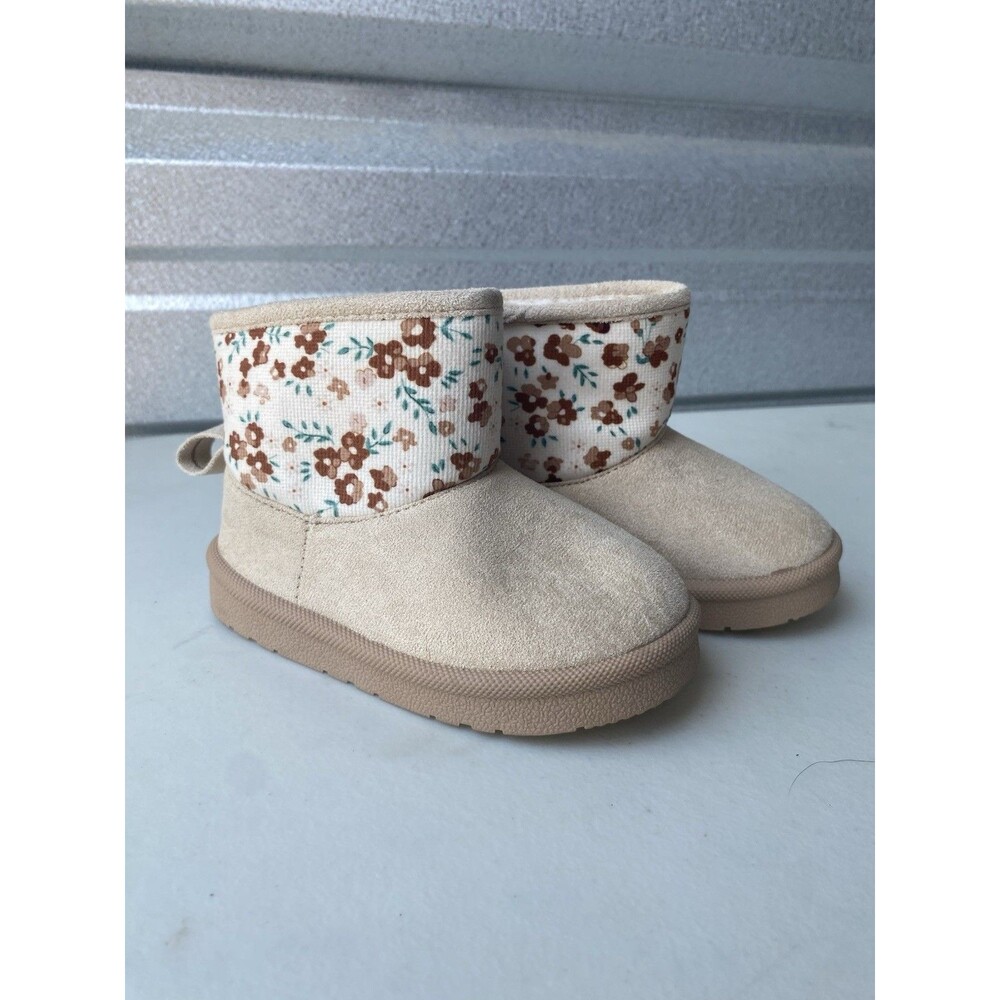 Toddler Girls Floral Ankle Boots Size 24 US 7.5 8 Tan Faux Suede Sherpa Lined